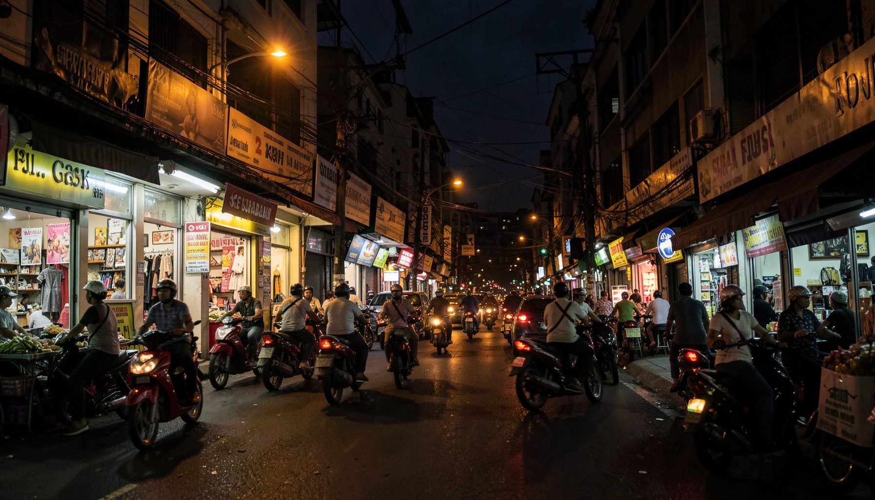 A busy Surabaya commercial street at dusk, warm amber streetlights reflecting off shopfront windows, motorbikes and pedestrians