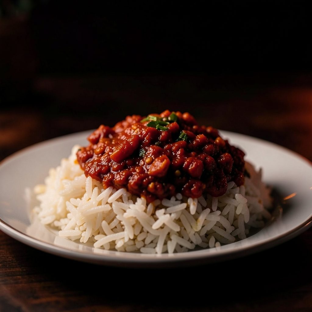 A close-up of a plate of nasi sambal at night, rich red sambal glistening over rice, dark moody background with warm highlights
