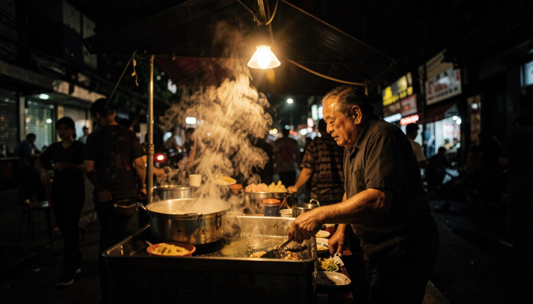 A dimly lit Surabaya street food stall at night, steam rising from a bubbling pot, warm amber and deep charcoal tones