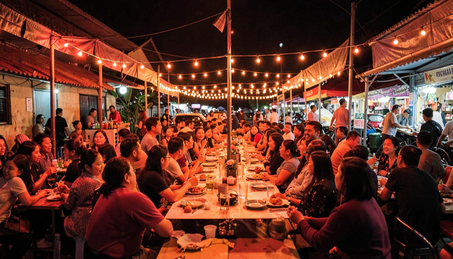 A lively community gathering in Surabaya, warm amber and red lighting, people seated at long tables under string lights