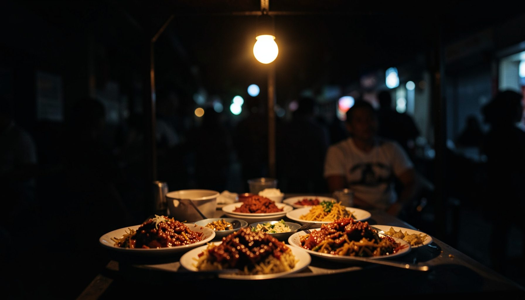 A nighttime street-food stall glowing under a single warm bulb, plates of nasi sambal with deep red chili paste, dark moody atmosphere