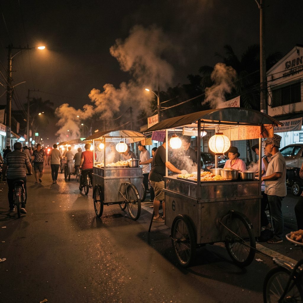 A row of street food carts along a Surabaya roadside after dark, glowing lanterns and smoke drifting upward, warm orange and charcoal tones