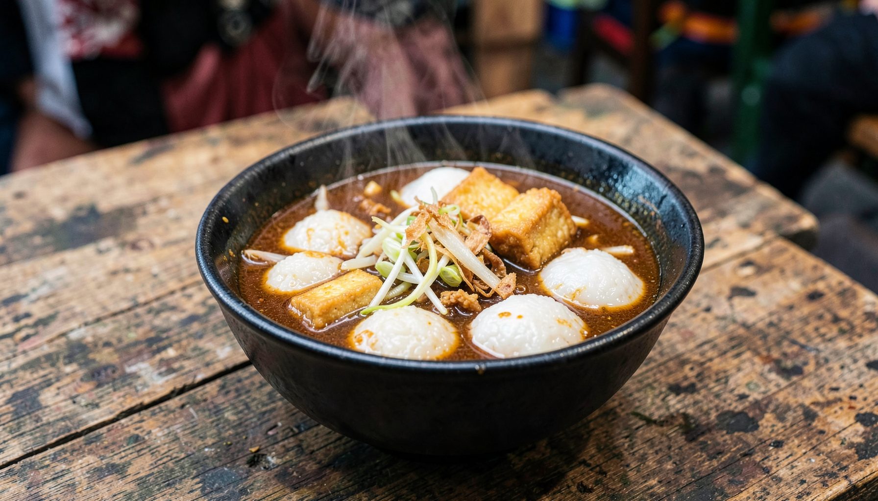 A steaming bowl of Lontong Balap in a dark ceramic bowl, rich brown petis broth with white rice cakes, golden fried tofu