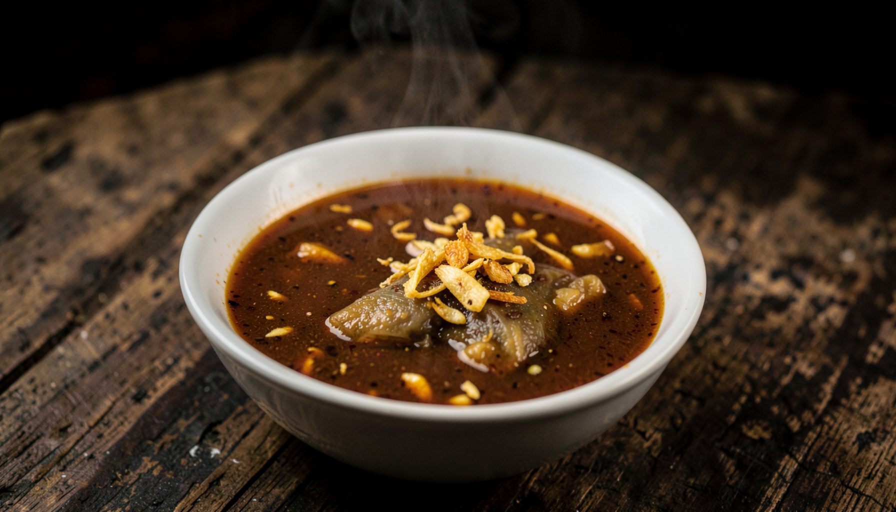 A steaming bowl of lontong balap on a worn wooden table, rich brown petis broth with golden fried shallots, warm amber tones