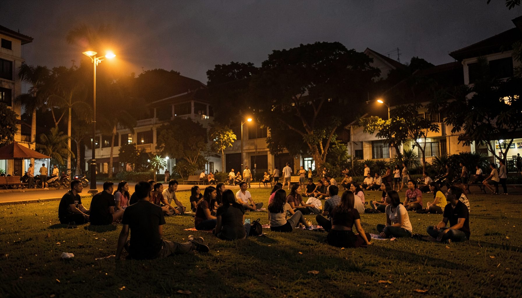 A warm evening scene in Surabaya with students gathered on a campus lawn under golden streetlights, casual and relaxed atmosphere