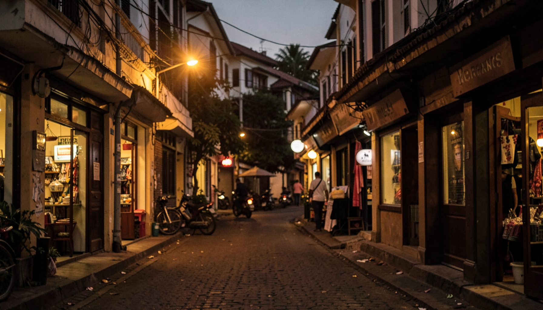 A warm evening view of a Surabaya neighborhood street with soft golden streetlights reflecting off shopfronts, deep brown and amber tones