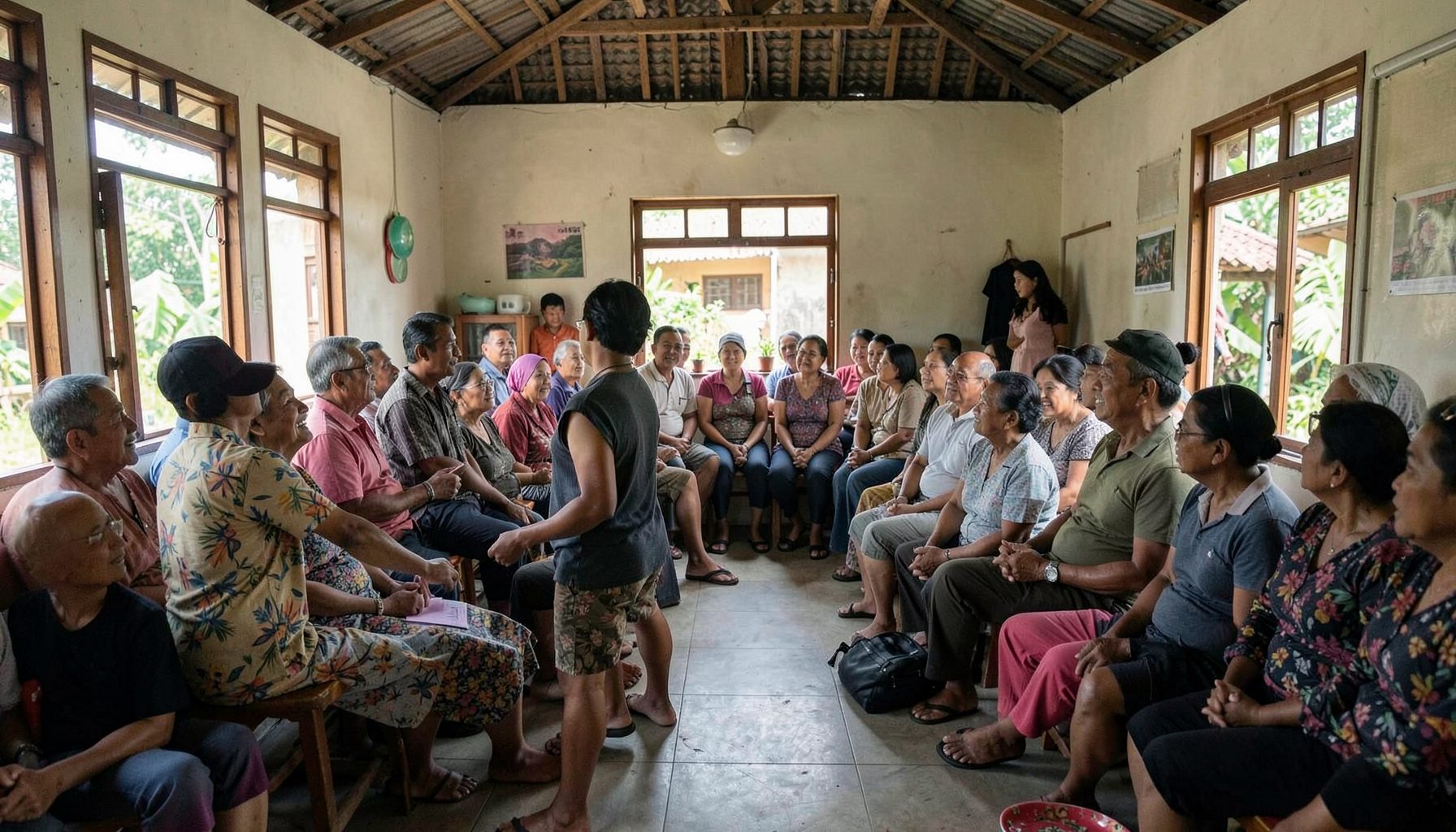 A wide shot of a community gathering in a modest Surabaya hall, with natural light streaming through windows and a relaxed atmosphere