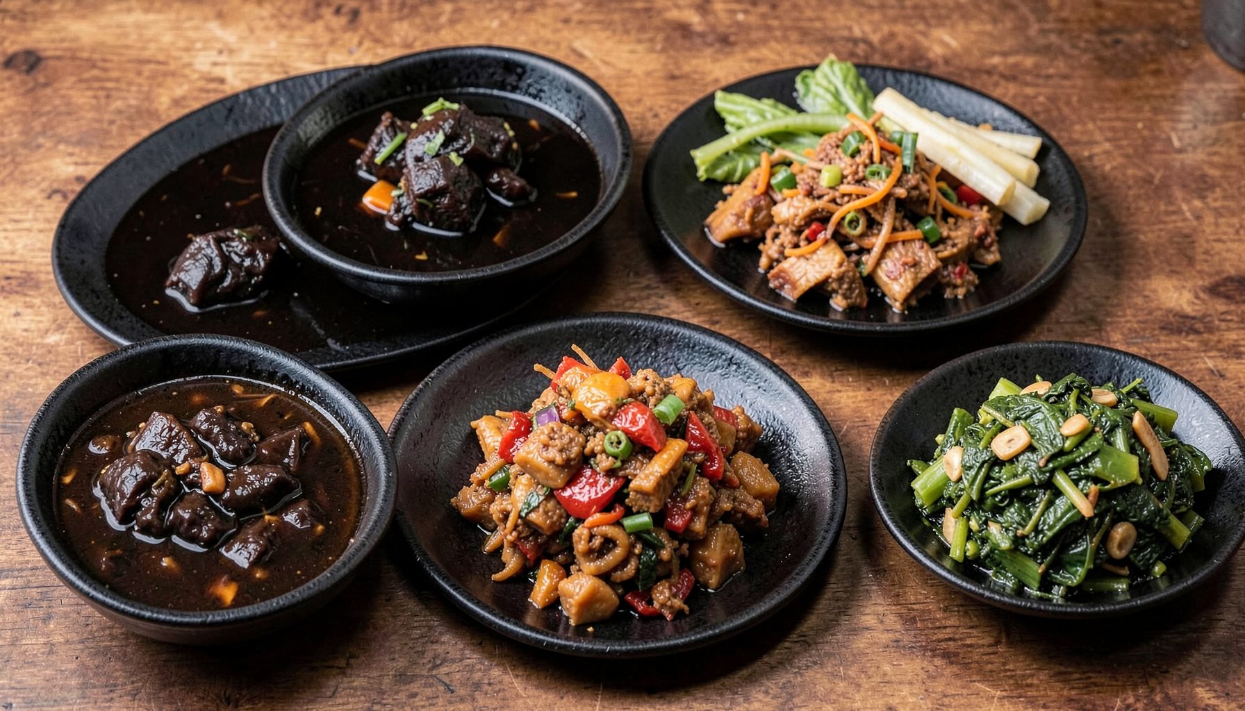 An array of traditional Surabaya dishes on dark ceramic plates — deep black rawon soup, colorful rujak cingur, and green pecel semanggi